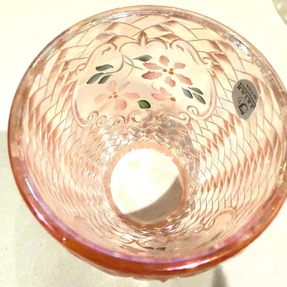 Fenton Champagne Basketweave Fairy Lamp Hand Painted Signed Sharon Fisher